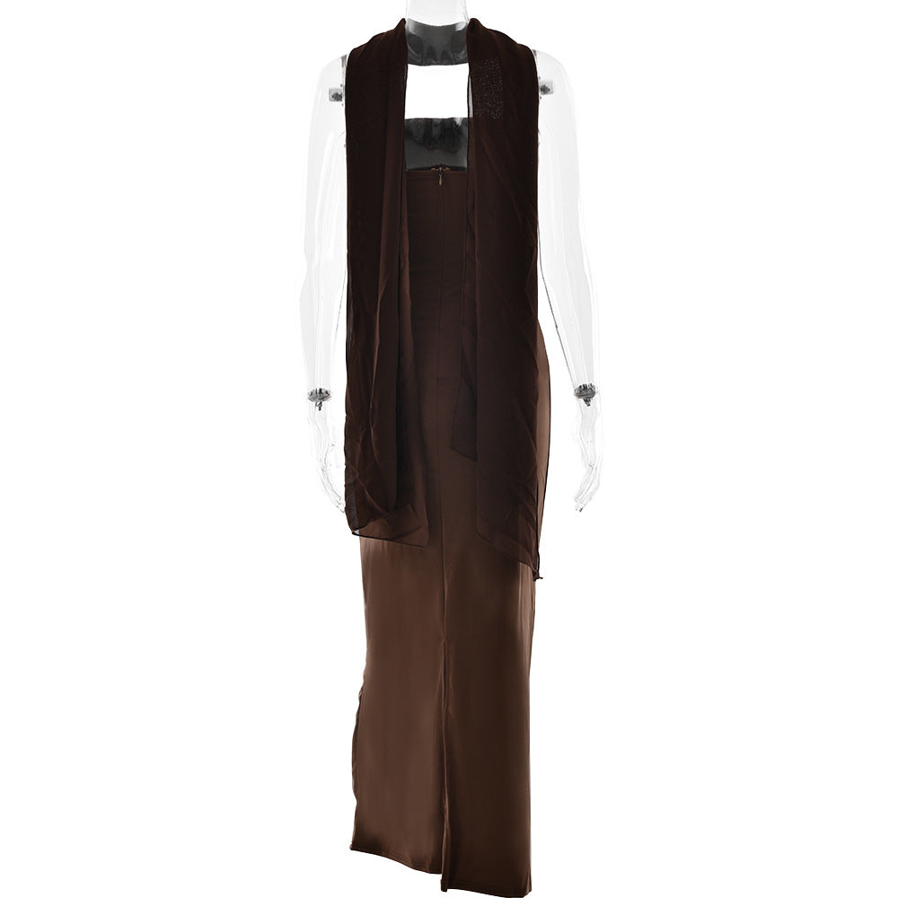 Strapless Tiered Panel Maxi Dress With Gloves Set