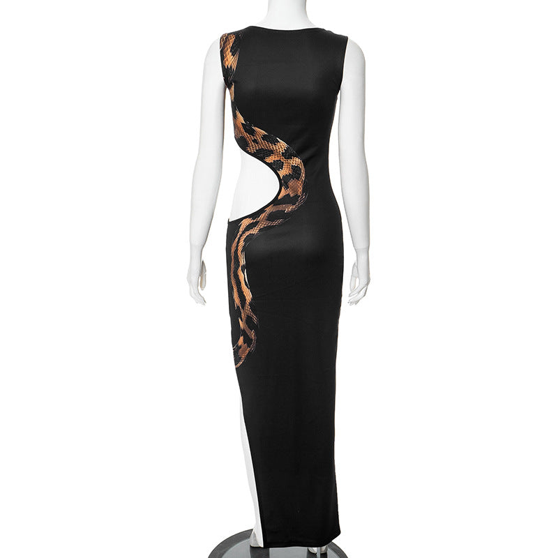 Crew Neck Snake Print Side Cutout High Slit Maxi Dress