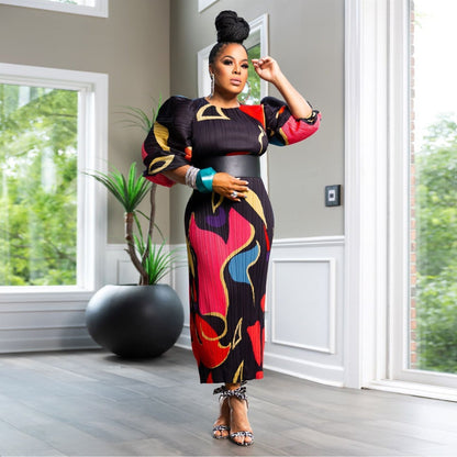 Crew Neck Puff Sleeve Abstract Print Plisse Belted Midi Dress