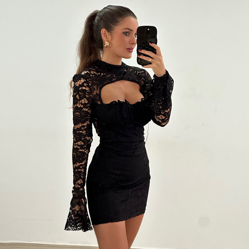 Mock Neck Chest Cutout Bell Sleeve Floral Lace Bodycon Mini Dress