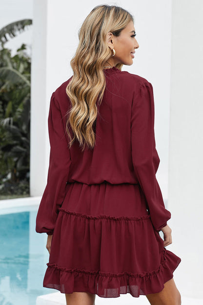 Mock Neck Ruffle Trim Shift Midi Dress
