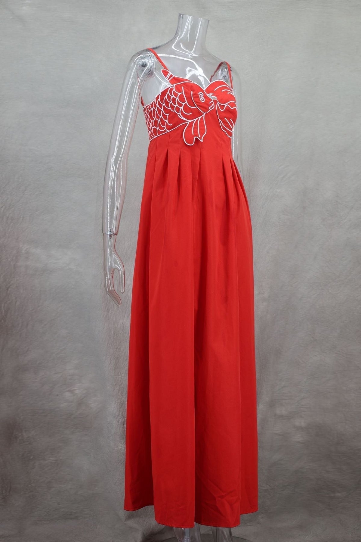 Spaghetti Strap Koi Fish Embroidered Pleated Maxi Dress