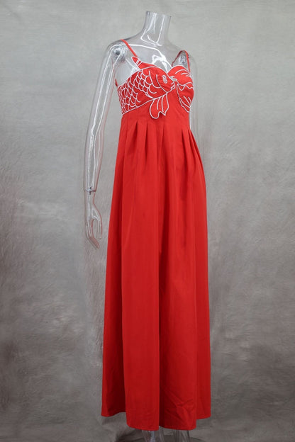 Spaghetti Strap Koi Fish Embroidered Pleated Maxi Dress