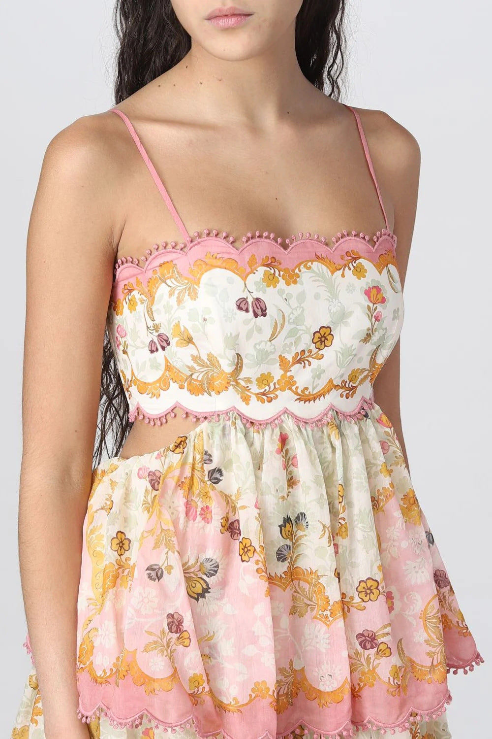 Spaghetti Strap Scalloped Pom Trim Side Cutout Floral Mini Dress