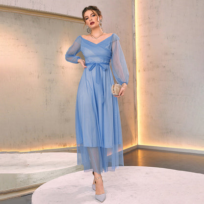 V-Neck High Waist Mesh Layered Midi Dress