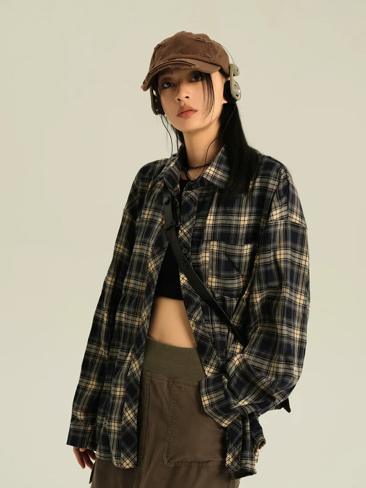 Oversized Navy Plaid Button Up Shirt