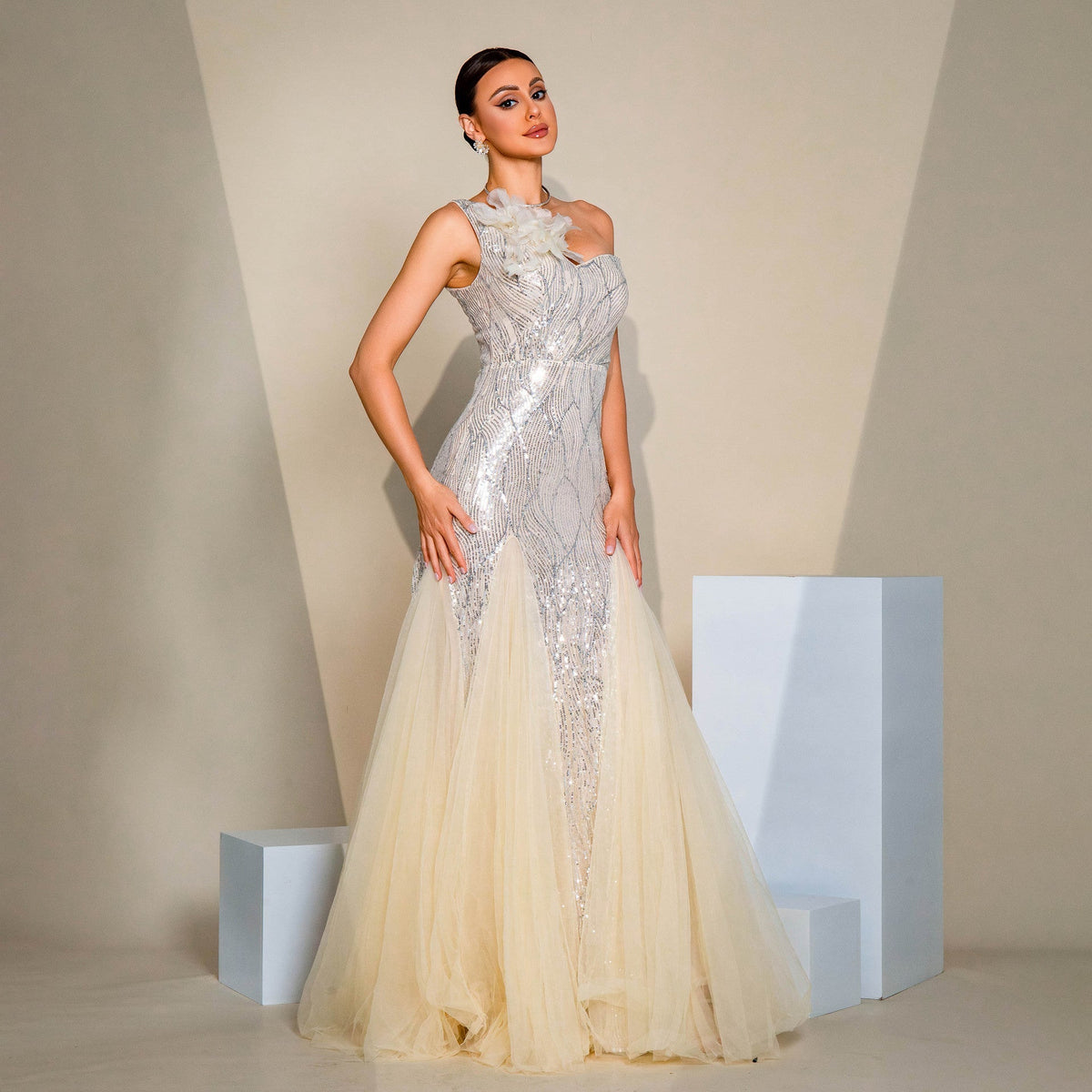 One Shoulder Rosette Applique Sequin Drop Waist Tulle Skirt Maxi Gown