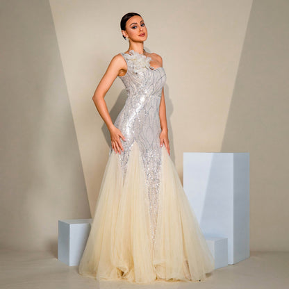 One Shoulder Rosette Applique Sequin Drop Waist Tulle Skirt Maxi Gown