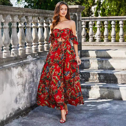 Off Shoulder Ruched Bust Cutout Tie Tropical Print Flounce Sleeve Maxi Dress