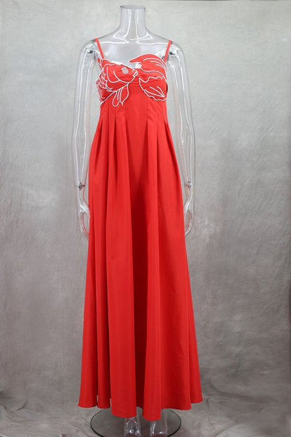 Spaghetti Strap Koi Fish Embroidered Pleated Maxi Dress