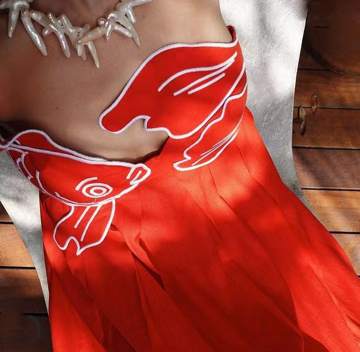 Spaghetti Strap Koi Fish Embroidered Pleated Maxi Dress