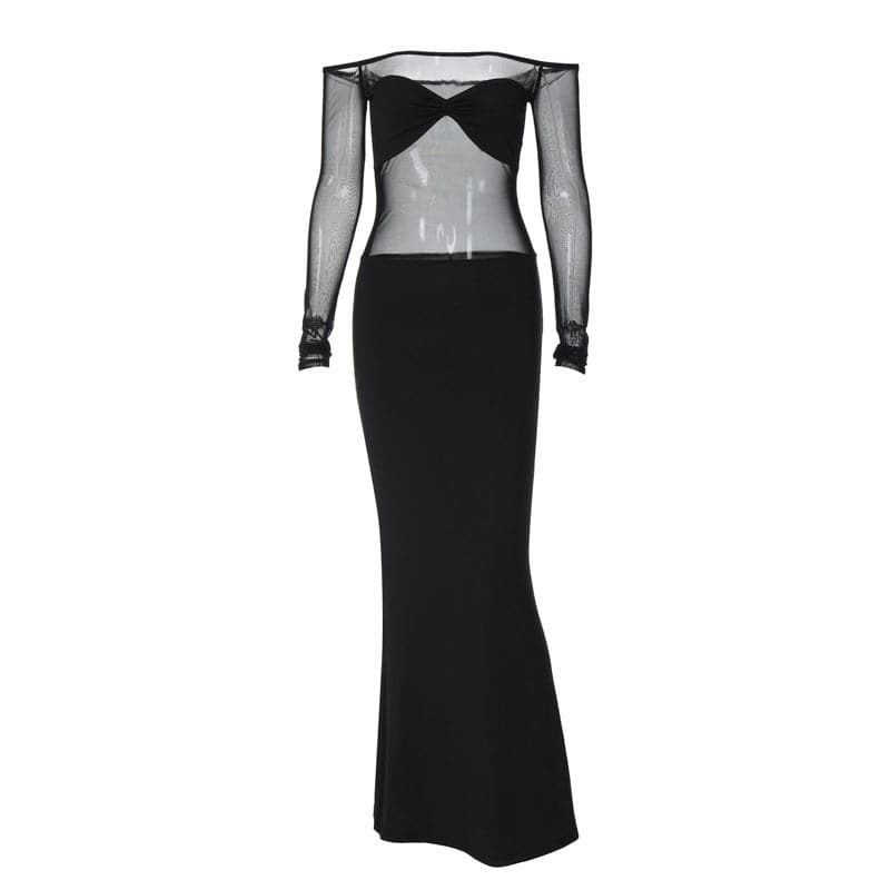 Off Shoulder Mesh Panel Ruched Slit Maxi Dress