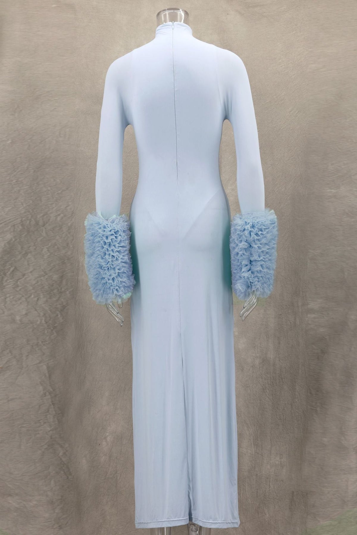 Mock Neck Ribbed Knit Oversized Ruffle Cuff Column Maxi Gown