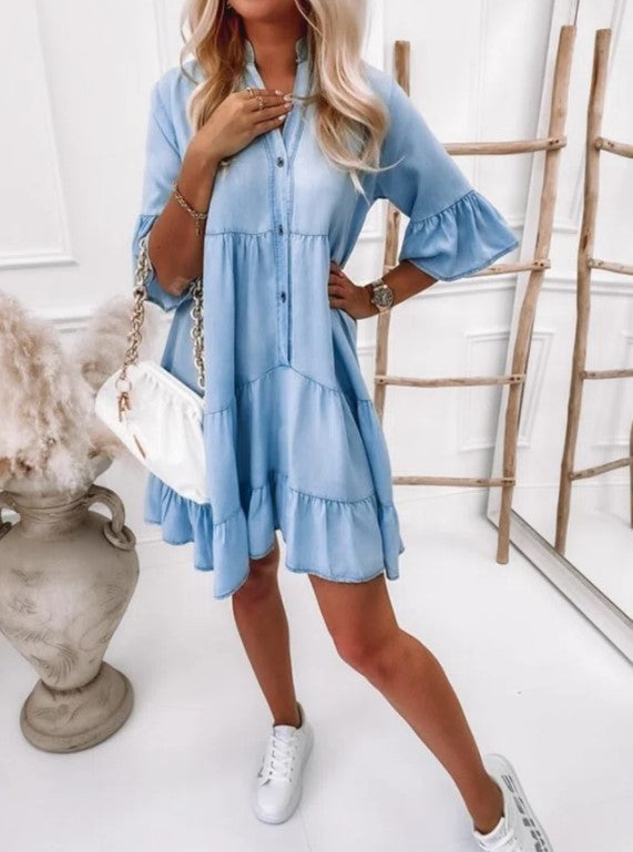 Button Front Ruffle Sleeve Tiered Babydoll Shirt Dress
