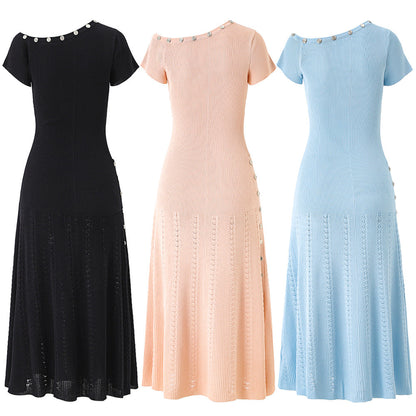 One-Shoulder Button Detail Rib Knit Pointelle Side Slit Maxi Dress