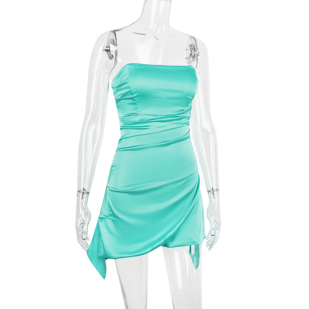 Strapless Ruched Side Cascade Panel Satin Mini Dress