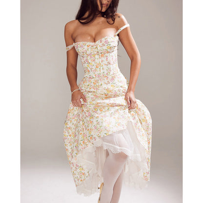 Floral Bustier Lace-Up Cami Strap Flared Midi Dress