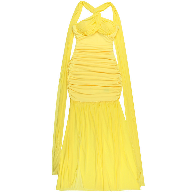 Halter Keyhole Ruched Bustier Mesh Skirt Column Maxi Gown