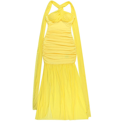 Halter Keyhole Ruched Bustier Mesh Skirt Column Maxi Gown