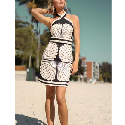Cross Halter Seashell Print Bodycon Mini Dress