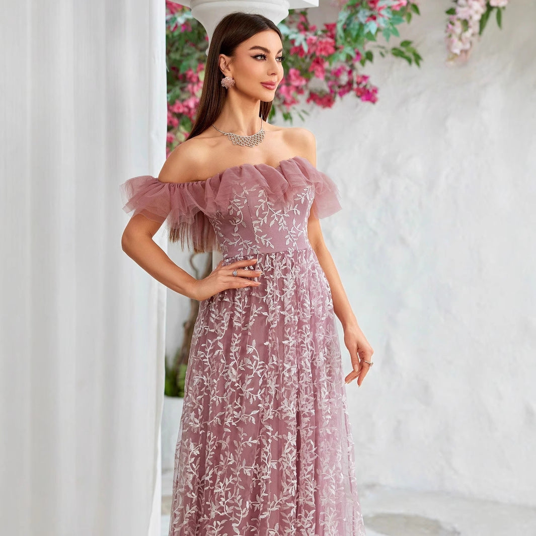Off Shoulder Ruffle Trim Floral Lace A-Line Maxi Gown