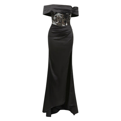 Off Shoulder Sweetheart Mesh Panel Sequin Embroidered High Split Satin Maxi Gown