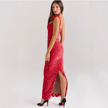 Tie Shoulder Floral Lace Overlay Column Maxi Dress