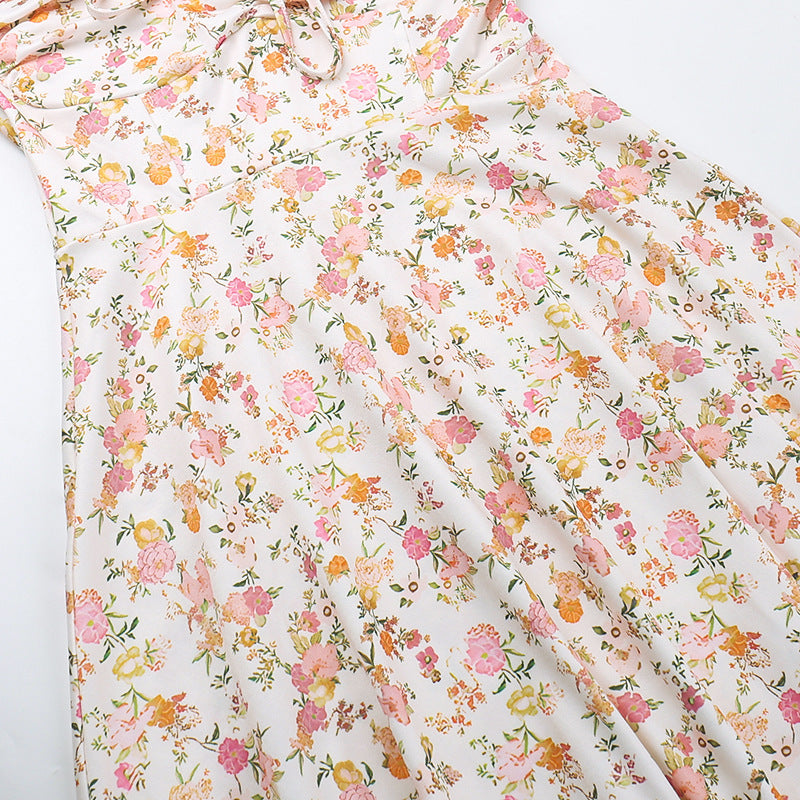 Floral Bustier Lace-Up Cami Strap Flared Midi Dress