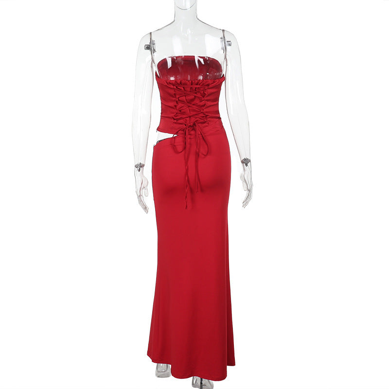 Strapless Corset Bodice Draped Column Maxi Gown Two-Piece Look