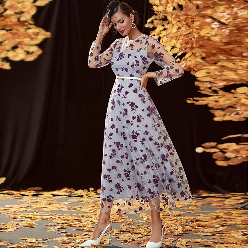 Floral Embroidered Mesh Overlay Belted A-Line Maxi Dress