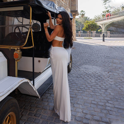 Halter Deep V Waist Ring Hardware Side Cutout Draped Wrap Maxi Gown