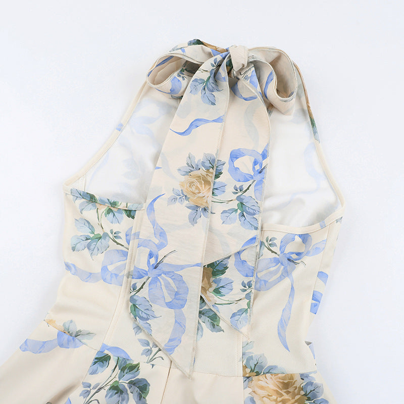 Halter Corset Ribbon Print Belted A-Line Midi Dress