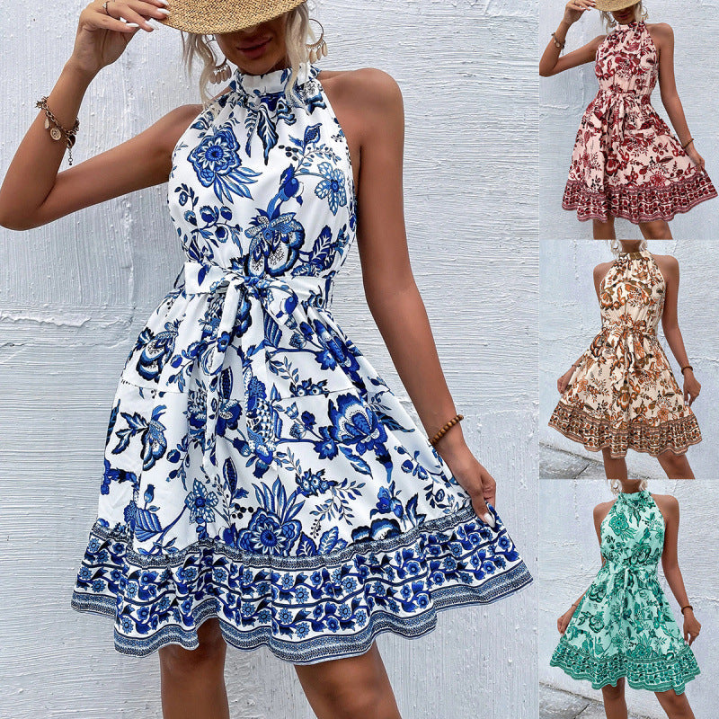 Floral Print Halter Tie-Waist Ruffled Scalloped Hem Mini Dress