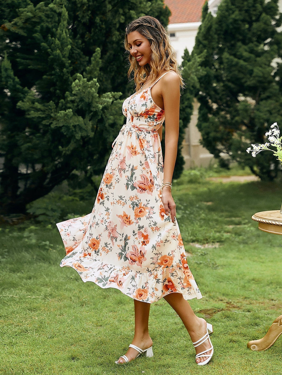 Spaghetti Strap Ruched Bust Drawstring Empire Waist Tiered Ruffle Floral Midi Dress