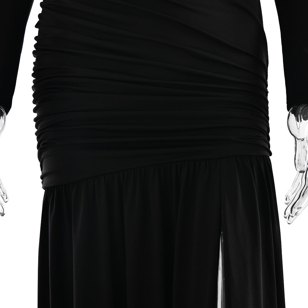 One Shoulder Asymmetric Ruching Mesh Midriff High Slit Maxi Gown