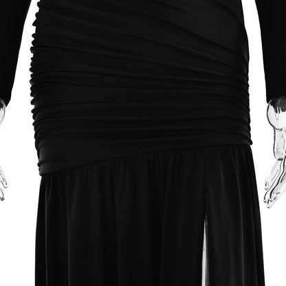 One Shoulder Asymmetric Ruching Mesh Midriff High Slit Maxi Gown