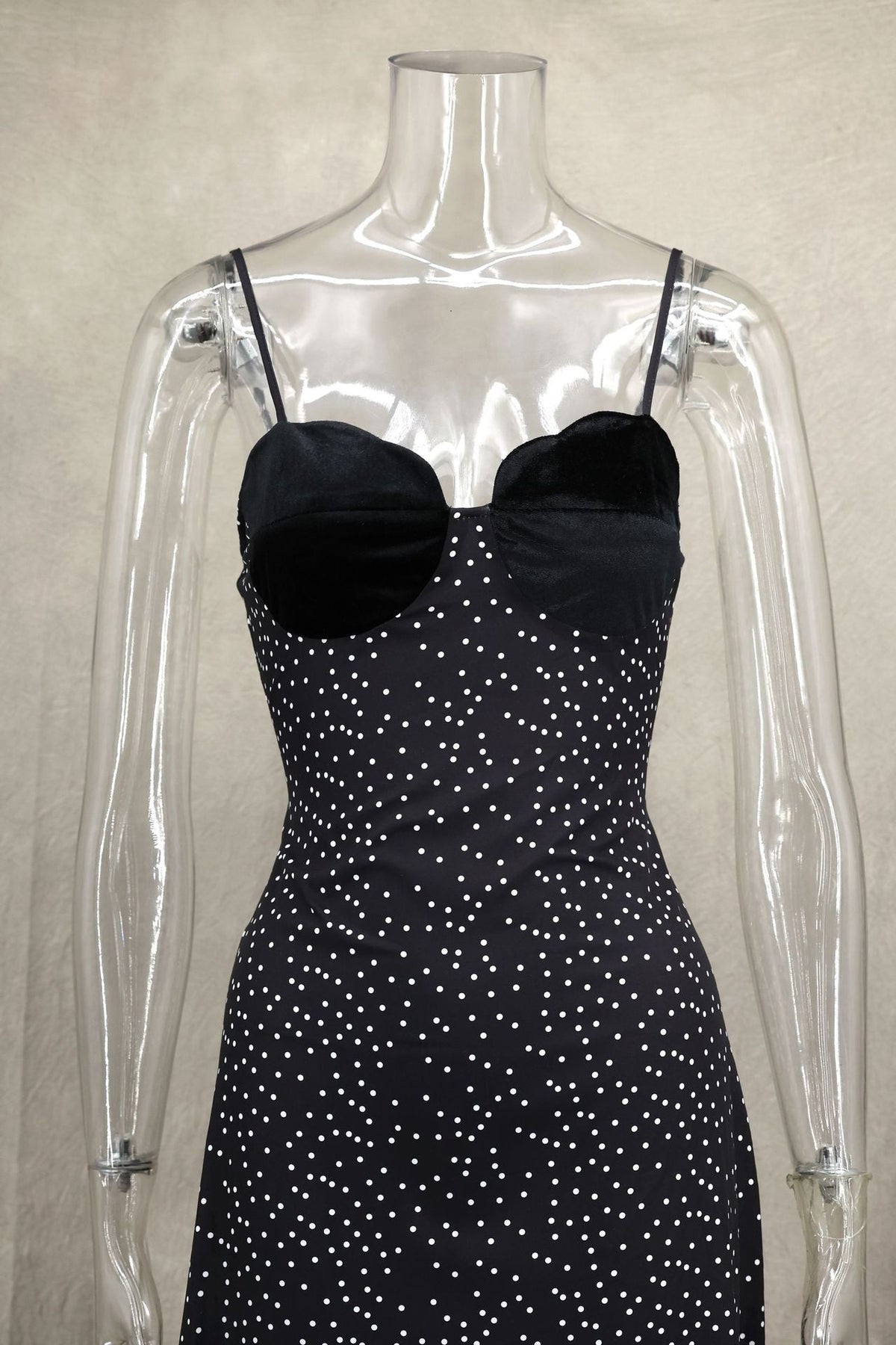 Spaghetti Strap Scalloped Velvet Bust Polka Dot Bodycon Maxi Dress