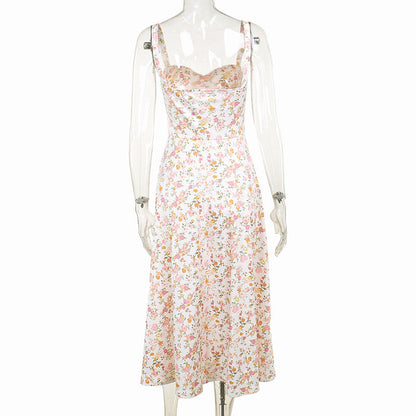 Floral Bustier Lace-Up Cami Strap Flared Midi Dress