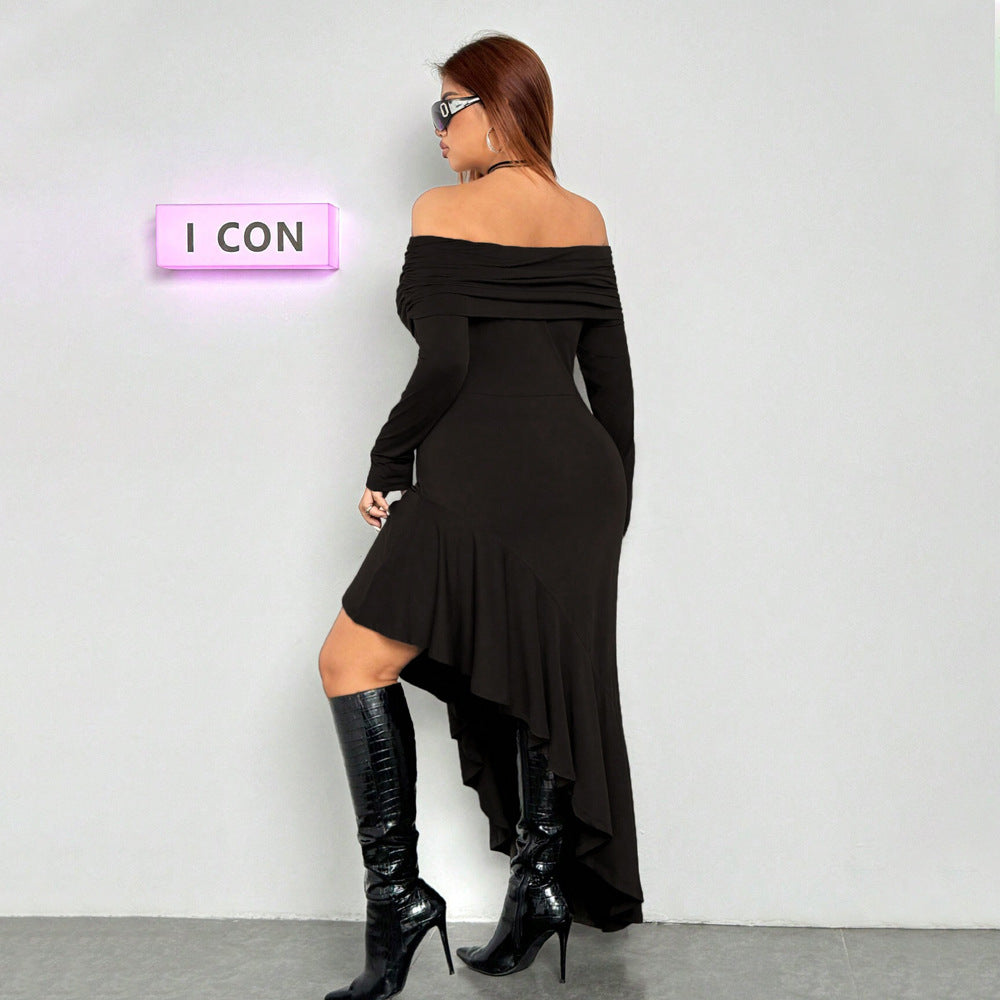 Off Shoulder Long Sleeve Asymmetrical Ruffle Hem Bodycon Midi Dress