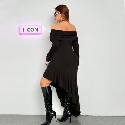 Off Shoulder Long Sleeve Asymmetrical Ruffle Hem Bodycon Midi Dress