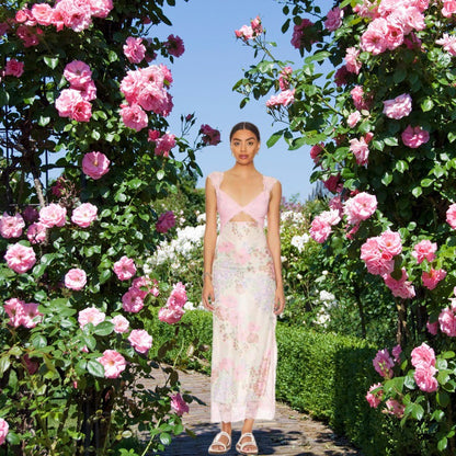 Sweetheart Lace Trim Floral Mesh High Slit Midi Dress