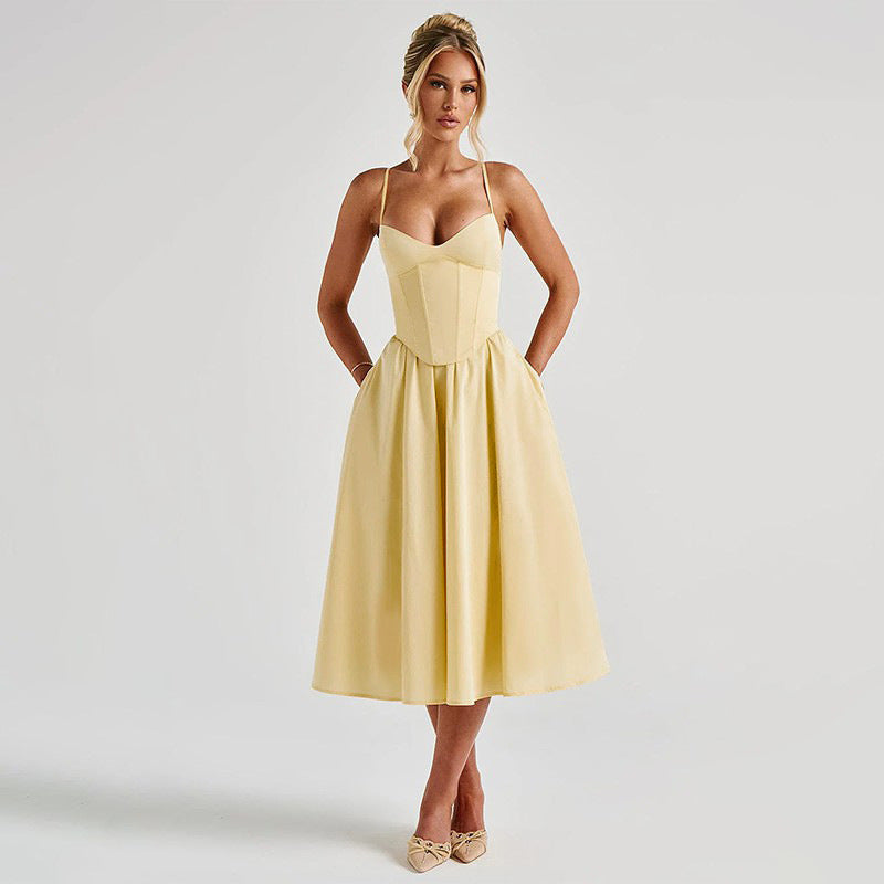 Sweetheart Spaghetti Strap Corset Bodice Pleated Pocket Midi Dress