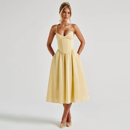 Sweetheart Spaghetti Strap Corset Bodice Pleated Pocket Midi Dress