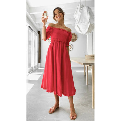 Off Shoulder Smocked Puff Sleeve Ruffle Trim Midi Dress