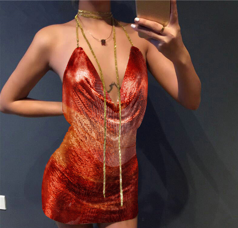 Silver Halter Neck Chainmail Fringe Trim Bodycon Mini Dress