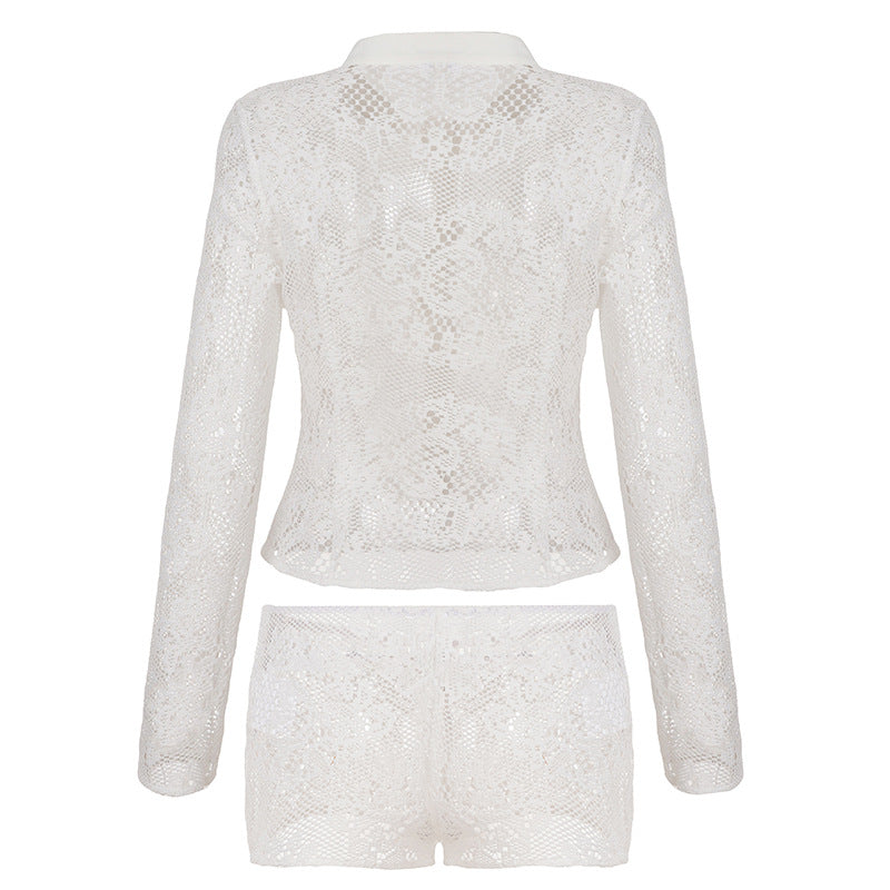 Open Knit Long Sleeve Short Set