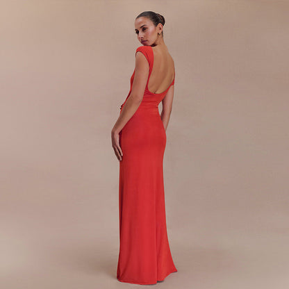 One Shoulder Cap Sleeve Cutout Ruched Maxi Dress with Buckle