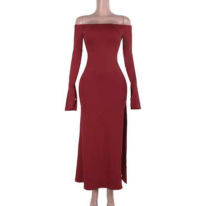 Off Shoulder Long Sleeve High Slit Bodycon Maxi Gown