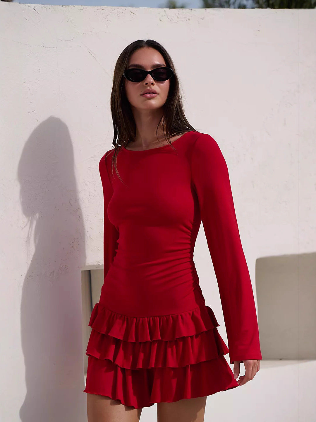 Boat Neck Long Sleeve Side Ruched Tiered Ruffle Ribbed Mini Dress