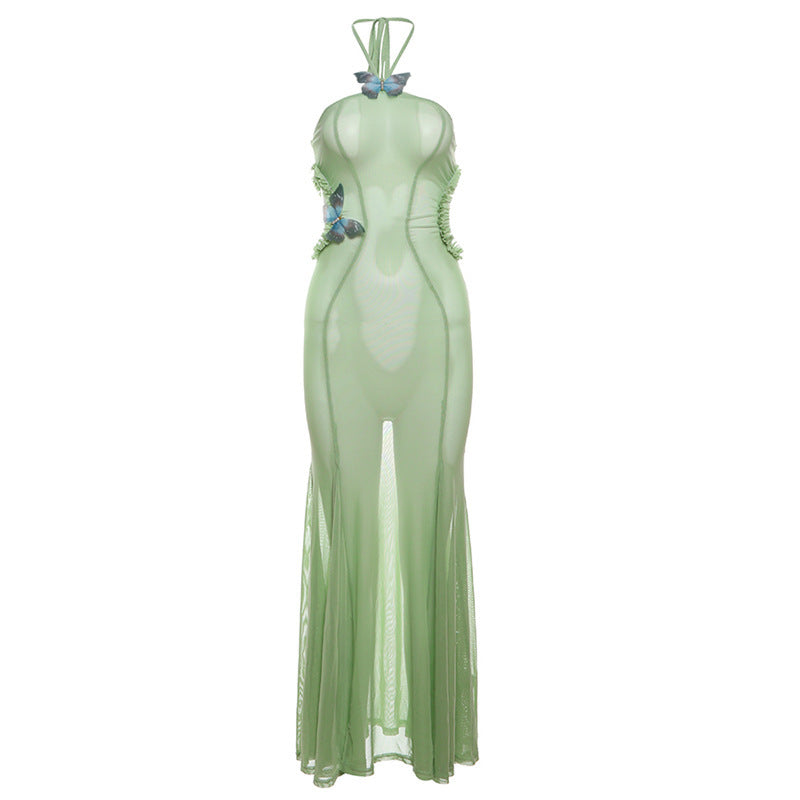 Halter Butterfly Applique Mesh Ruched Side Cutout Maxi Dress